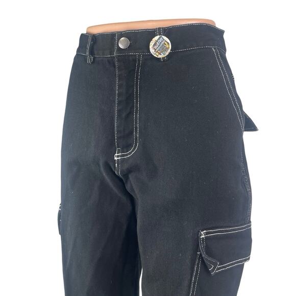Forever 21 Women's Black High Rise Utility Straight Leg Cargo Denim Jeans Size S - Picture 3 of 6
